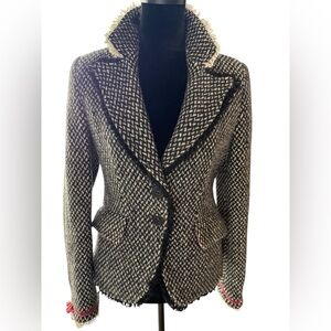 Vintage Tweed blazer jacket w/pink ribbon bow trim detailed black &cream fringe